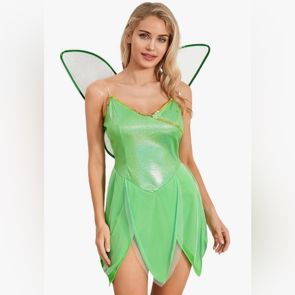 Tinkerbell Fairy Costume Cosplay Green Dress With Wings & Gold Bloomers Fits M